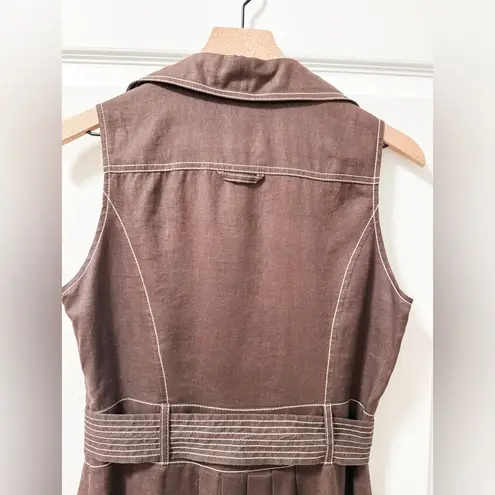 Vintage Carole little pleated brown collared contrast stitch dress linen utility Size 8