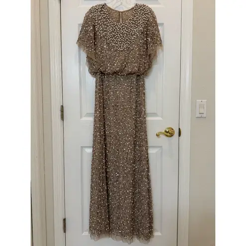 Mac Duggal NWT 14523 Beige Beaded Mesh Cape Gown Size 6