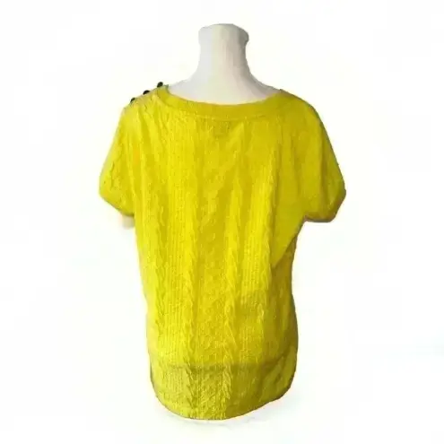 Lands' End  Womens Medium Top Sweater Short Sleeve Cable Knit Yellow Button