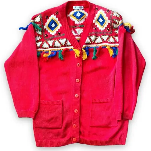 Vintage 80s Red Cardigan Sweater Beaded Southwestern Fringe Oversized Vneck XS