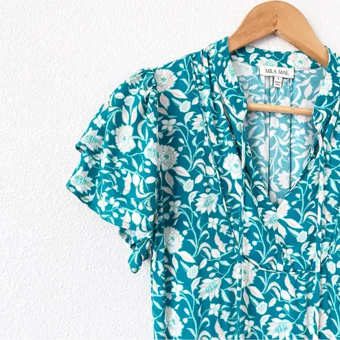 Mila Mae Floral Patterned Tie Neck Mini Dress in Teal Pink Blue