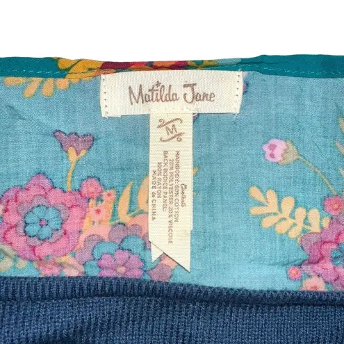Matilda Jane Long Sleeve Mix Media Floral Twist Back Teal Sweater Top MEDIUM