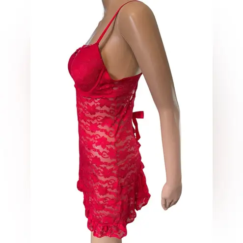 Be Wicked Red Sheer Romantic Floral Lace Padded Underwire Ruffle Bow Slip Dress Size M