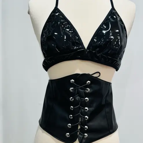 Spirit Black Vinyl Halter Bikini Top & Black Faux Leather Lace-up Corset