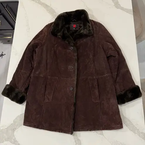 Gallery Vintage Genuine Leather Suede Button Front Coat w/Faux Fur Trim Womens L