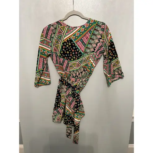 Chico's Chico Boho Patchwork Print Wrap Dress Kimono Sleeve Belted