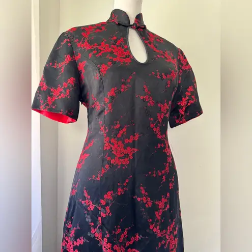 Black & Red Floral Print Mandarin Collar Short Sleeve Qipao Maxi Dress Size XS