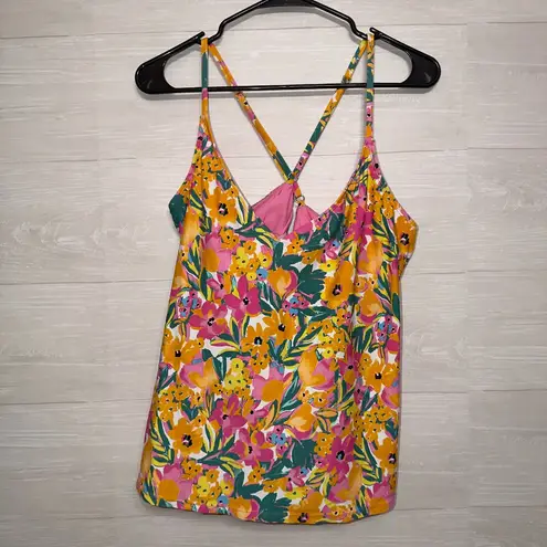 Anne cole Tankini Swim Top XXL Floral Print Yellow Pink Cross Back Adjustable