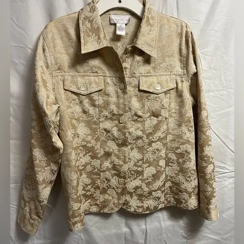 Susan Graver QVC Style Oriental Jacquard Jacket Blazer Gold Beige White Print
