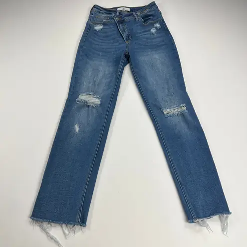 Risen Jeans High Rise Crossover Distressed Straight Leg Jeans RDP5333 Size 1/25 Blue