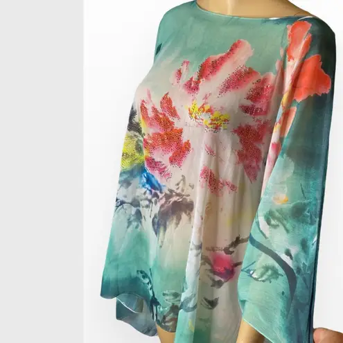 Missy Plus Floral Chiffon Caftan Poncho/ Coverup OS Green Size undefined