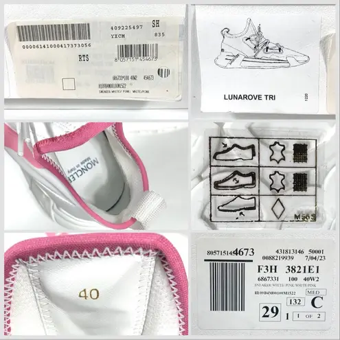 Moncler Lunarove Low Top Sneakers White Pink Size EU 40 US 10 NEW