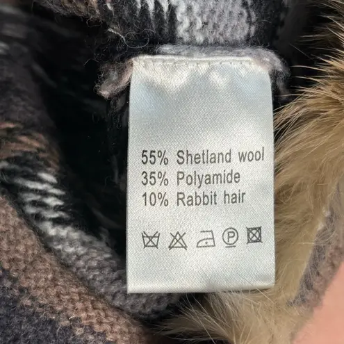 Vintage Y2K Fair Isle Shetland Wool Cardigan Rabbit Fur Trim Belted Scarf Nordic Gray