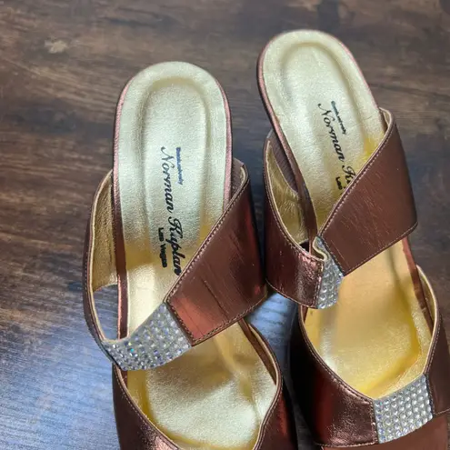 VTG Norman Kaplan Dress Sandals 6 Bronze Rhinestone Slip On Clear Heel Evening Brown