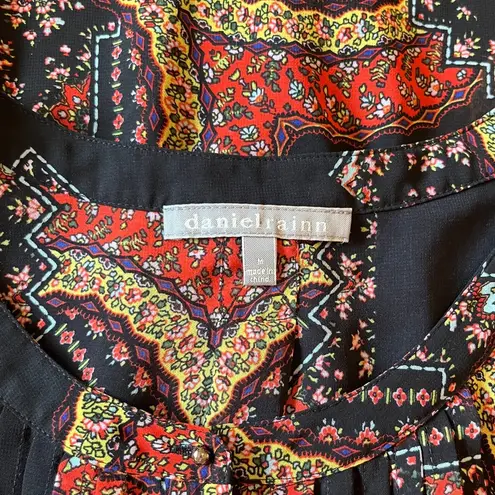 Daniel Rainn Split Neck Long Sleeve Sheer Tunic Blouse Black Scarf Print Size M