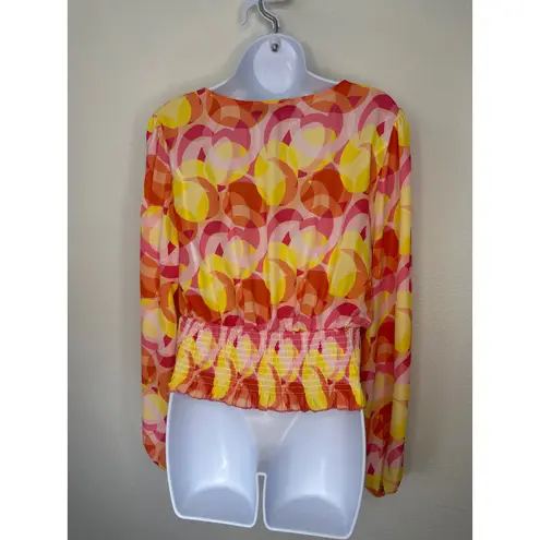 Ny&co NY&C Tie Front Blouse Top Large Pink Yellow Orange Geometric Print Long Sleeve