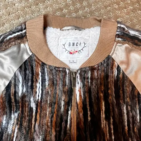 BNCI Boundless North Clothing Intl Brown Bomber Jacket Boho Unique SZ S Satin