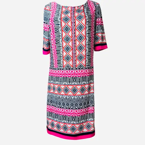 Eliza J Geometric Print Sheath Dress 12P – Pink Navy Red Tribal Pattern