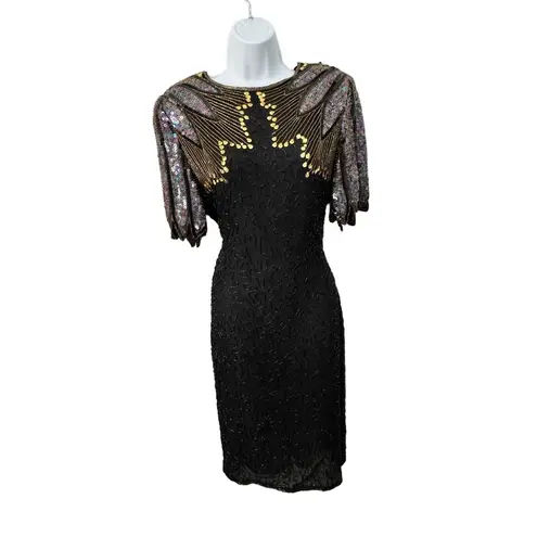 Black Beaded & Sequined Short Sleeve Evening Dress Black Tie Vintage Paris S
