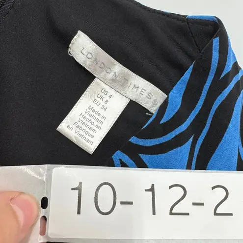 London Times Dress Womens Size 4 Blue Black Geometric Print V Neck Long Sleeve - Image 4