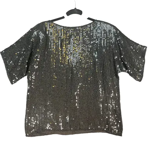 Vintage JLB 100% Silk Sequin Beaded Top Black Pink Blue Party Blouse Medium