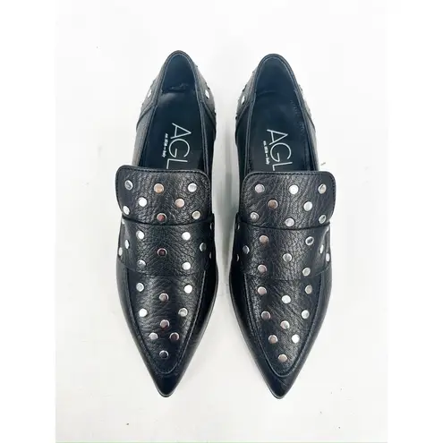 AGL Ines Black Leather Studded Pointed Toe Flat Loafers Size 37