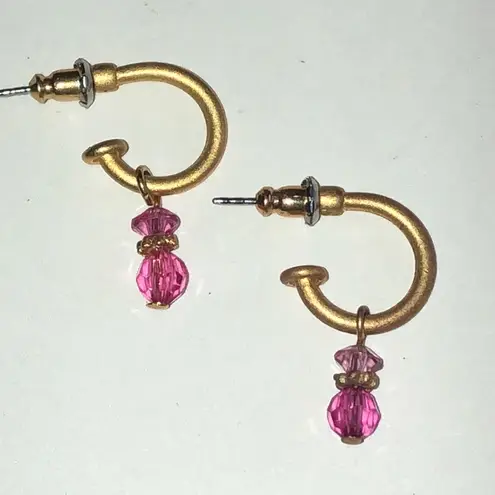 Gold Tone and Pink Beaded Boho Dainty Hoop Earrings