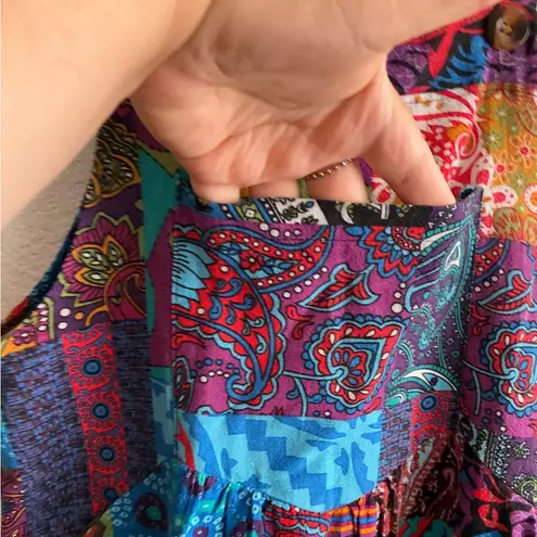 Bohemian Colorful Patchwork Suspender Jumpsuit Wide Leg S Blue