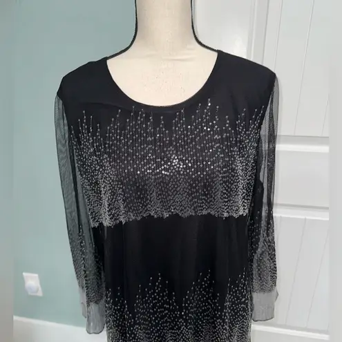 Garnet Hill  Black with gray sequins round neck mesh dress size 12