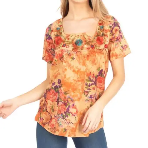 NWT Vintage Goa Square Neck Embroidered Floral Boho Top in Mango Women size Med Orange