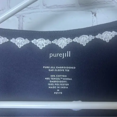 J. Jill NEW Pure Jill Embroidered cap sleeve navy blue tee preppy Medium Petite Size undefined