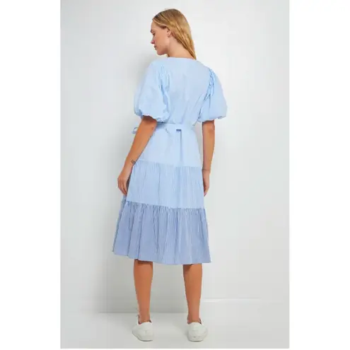 English Factory PUFF SLEEVE MIDI DRESS Size Medium Tiered Blue Stripe Belted