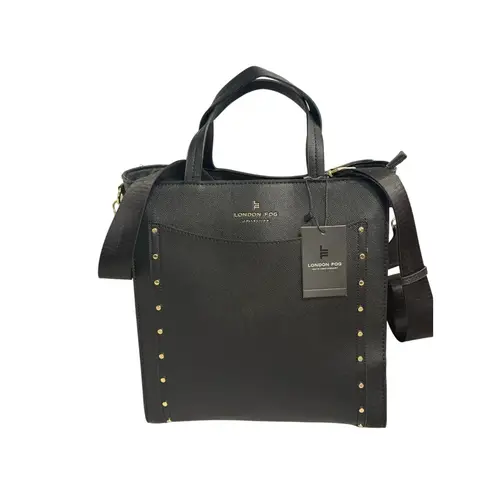 London Fog Sophia Studded Black Tote Bag NWT Faux Leather Gold Hardware