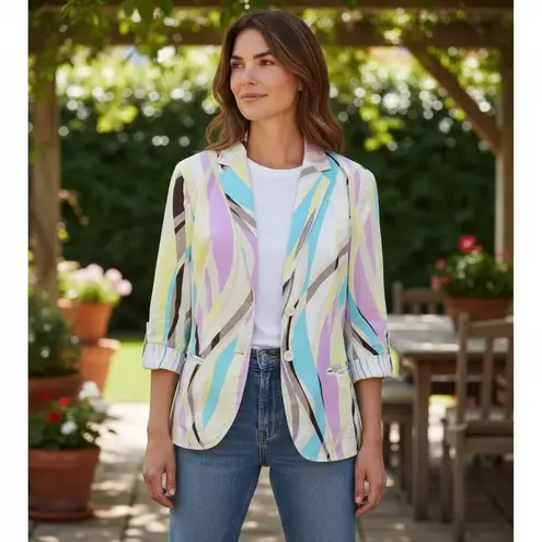 Escada Sport Blazer Jacket Women 12 Multicolor Abstract Pockets Maximalist Retro Pink