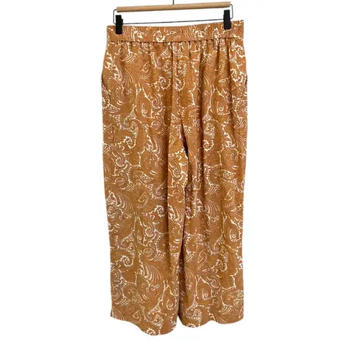 Sigrid Olsen Women Brown Boho Paisley Cropped Wide Leg Belted Linen Pants Medium