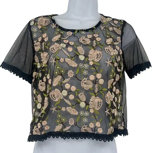 None Y2K Sheer Floral Embroidery Mesh Top M Black Coquette Whimsigoth Grunge Crochet
