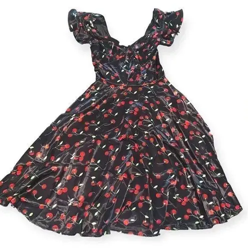 Cherry print retro satin style dress Size M