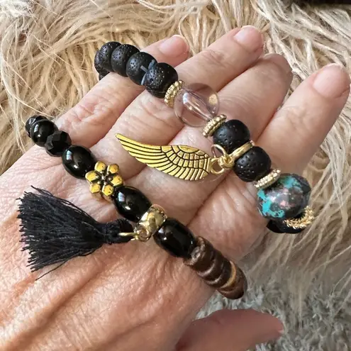 Beaded Angel Wing Bracelet Duo Set Black