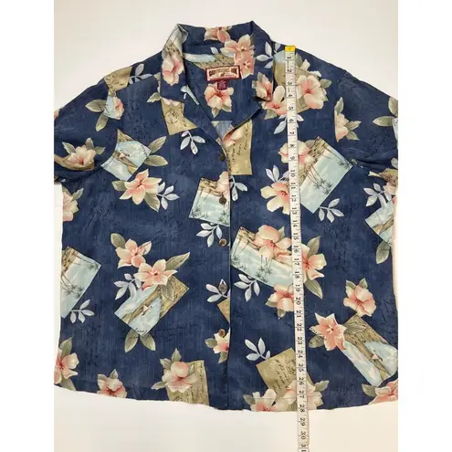 Caribbean Joe  Blue Pink Hawaiian Floral Print Button Down Shirt Sz 2X