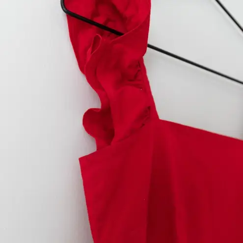 STAUD Valentina Square Neck Red Cotton Flutter Sleeve Midi Dress Size XS