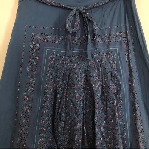 Vintage 70's Jane Schaffhausen Belle France Prairie Floral Midi Tie Waist Skirt Blue Size 10