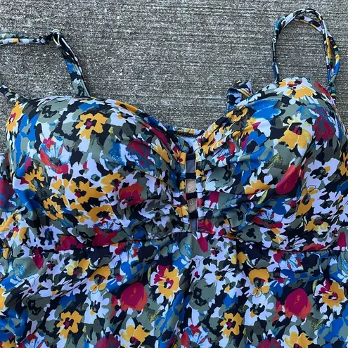 Cacique Swim High Rise Bikini Tie Front Tropical Black Yellow Floral 2 piece