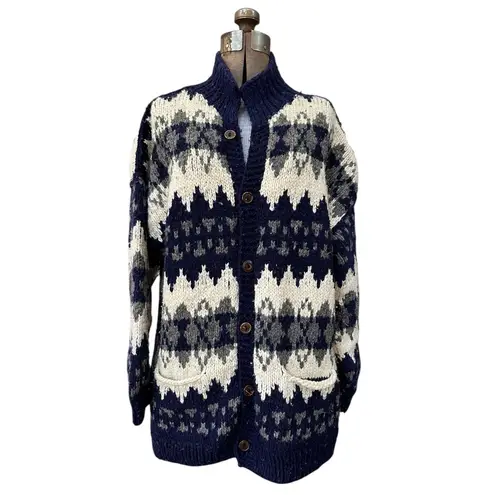 C.C.H. Imports 100% Virgin Wool Handmade Ecuador Chunky Knit Mock Neck Cardigan Blue Size L