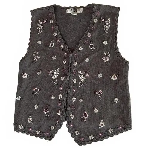 Vintage Segue Sweater Vest Medium Grey Floral Embroidered Fairycore Gray