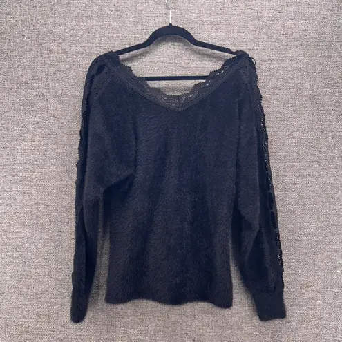 Gothic Sweater Womens Small Whimsigoth Grunge Vampire Lace Faux Fur Oversized Black