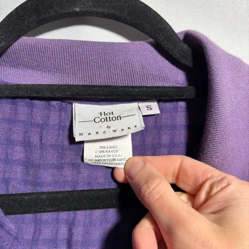 VTG Marc Ware Purple Gingham Check Plaid Linen Bld Short Sleeve Button Up Top S