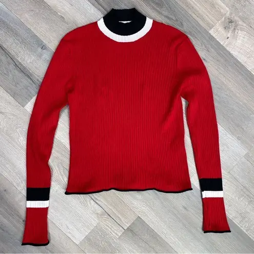 ZARA  Mock Neck Ribbed Knit Pullover Shirt Red Black Small Long Sleeve