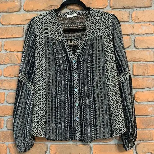 Lovestitch Women's Boho Mixed Print Button Front V-Neck Chiffon Blouse Black S