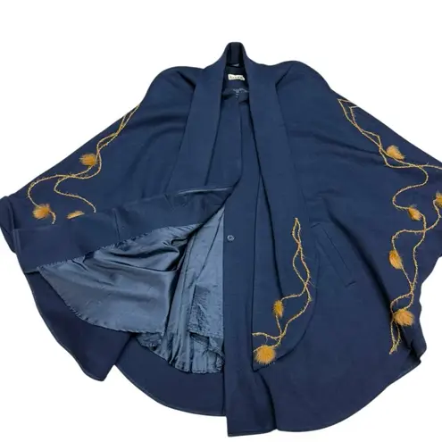 Vintage Wool Cape Zlata Navy Wool Blend Cape with Fur Detail, One Size EUC Blue