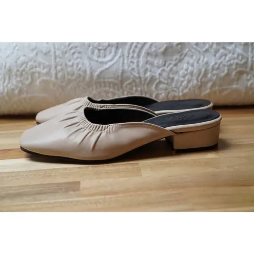 Handmade Ruched Faux Leather Square Toe Mules Casual Slippers Beige Size 5.5 Tan